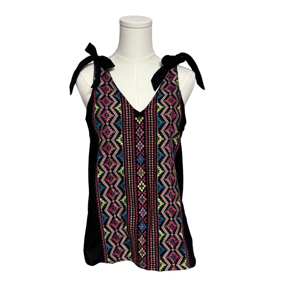 Savanna Jane The Bella Horatio Ribbon Tie Linen Tank Boho Chic Embroidered Sz S